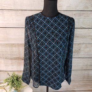 WHO WHAT WEAR BLACK/BLUE GEOMETRIC PRINT TOP - SM